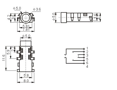 pjk-386 smt 耳机插座 音频插座 6个脚 带柱